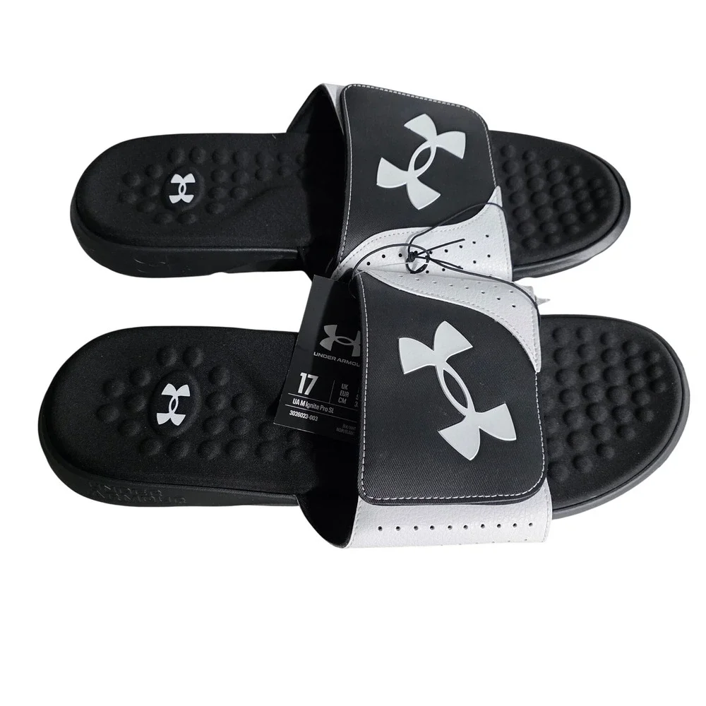 NEW Under Armour Mens Ignite Pro SL Slides Black White‎ Sandals Size 17